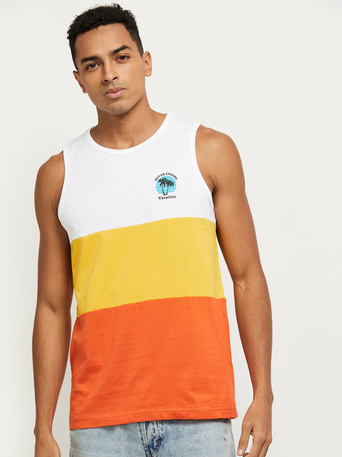 

max Men White & Yellow Colourblocked T-shirt