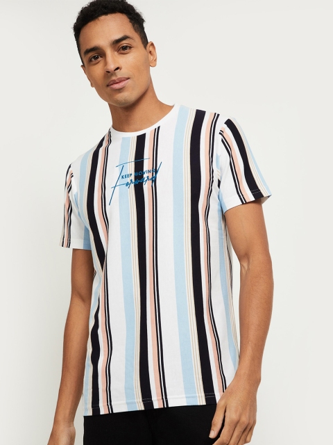 

max Men Blue Striped Round Neck T-shirt