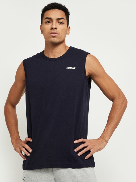 

max Men Navy Blue Pure Cotton Solid Sleeveless Pure Cotton T-shirt