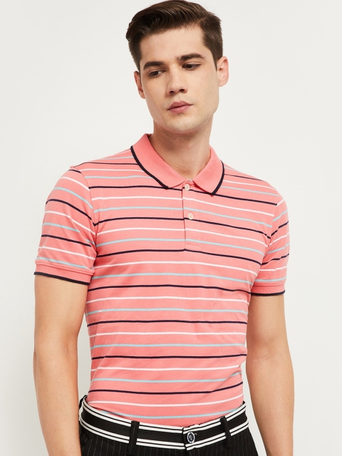 

max Men Pink & Multicoloured Striped Polo Collar T-shirt