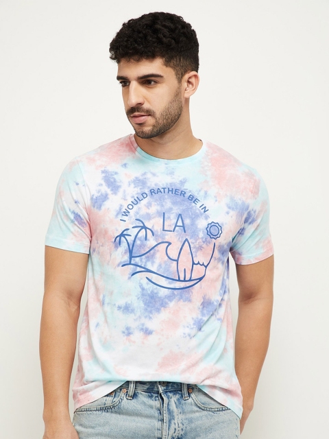 

max Men Pink Pure Cotton Typography Printed Tie-Dye T-shirt