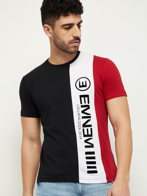 

max Men Black Red Typography Colourblocked Slim Fit Pure Cotton T-shirt