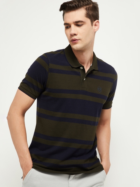 

max Men Olive Green Blue Striped Polo Collar Pure Cotton T-shirt
