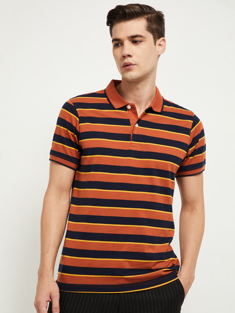 

max Men Orange & Black Striped Polo Collar T-shirt