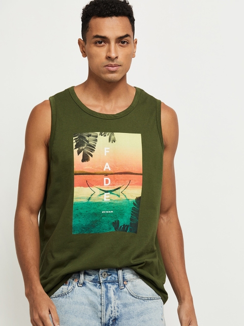 

max Men Green Printed Tropical Loose Pure Cotton T-shirt