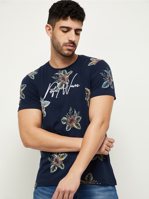 

max Men Blue Floral Printed Slim Fit Pure Cotton T-shirt