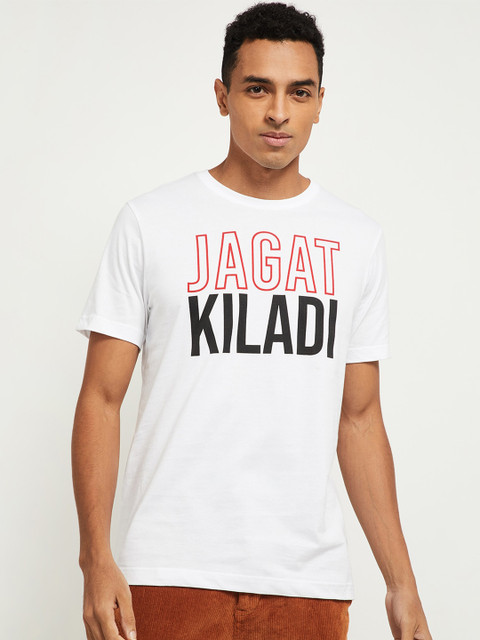

max Men White Typography Printed Pure Cotton T-shirt