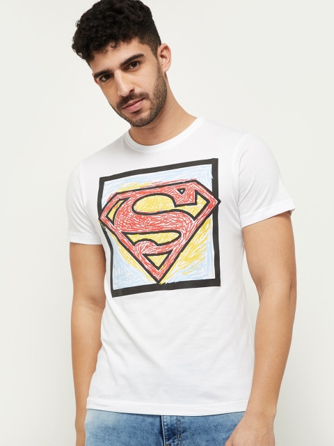 

max Men White Superman Printed Slim Fit Pure Cotton T-shirt