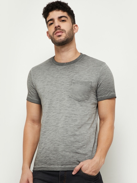 

max Men Grey Pure Cotton Self Designed Round Neck Pure Cotton T-shirt With Pocket