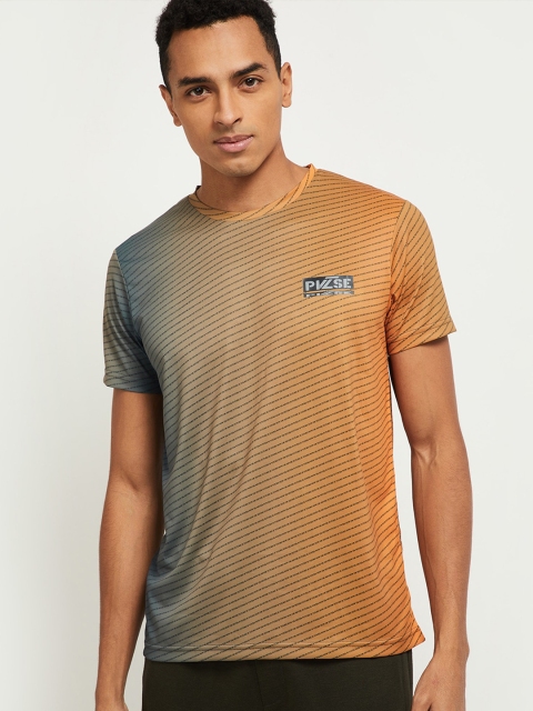 

max Men Orange & Grey Striped T-shirt