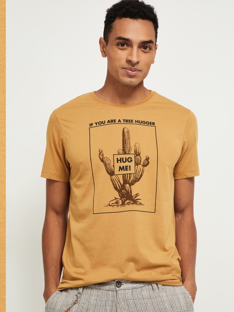 

max Men Khaki Pure Cotton Typography Printed Pure Cotton T-shirt