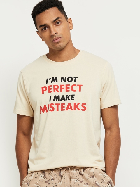

max Men Beige Typography Printed Pure Cotton T-shirt