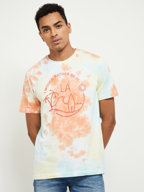 

max Men Blue Pure Cotton Typography Printed Tie-Dye Pure Cotton T-shirt