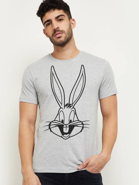 

max Men Grey Melange Printed Raw Edge T-shirt