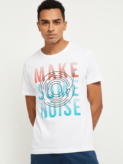 max Men White Blue Typography Printed Pure Cotton T-shirt