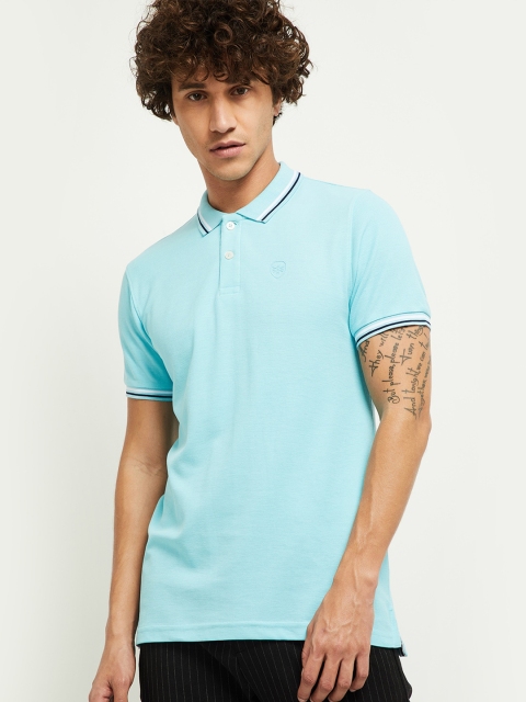 

max Men Turquoise Blue Polo Collar T-shirt