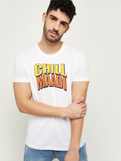 

max Men White Typography Printed Raw Edge T-shirt