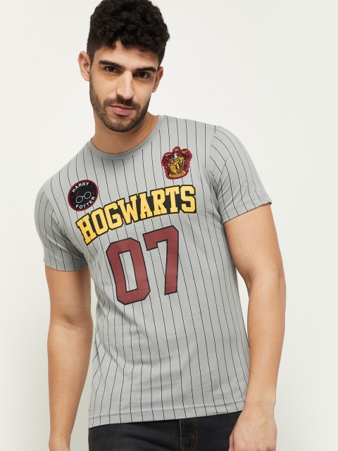 

max Men Grey and Yellow Typography Printed Pure Cotton T-shirt