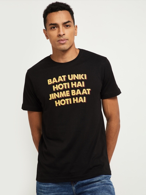 

max Men Black Typography Printed Applique T-shirt
