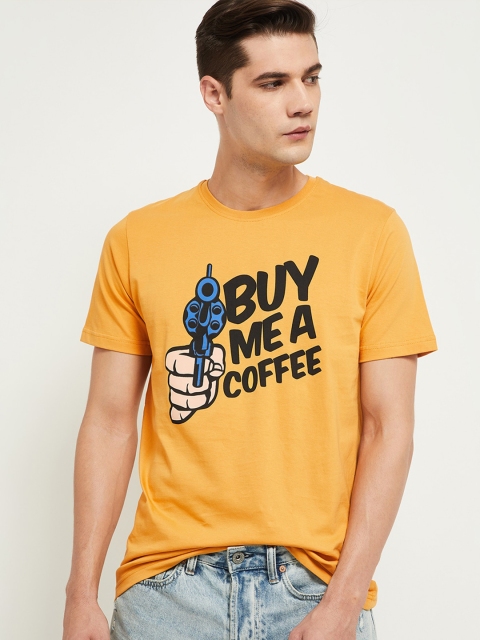 

max Men Yellow and Black Typography Printed Pure Cotton T-shirt