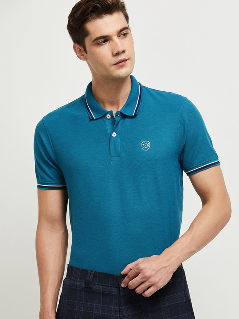 

max Men Teal Polo Collar Applique T-shirt