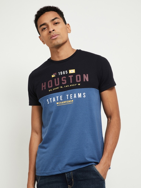 

max Men Blue & Black Printed Colourblocked T-shirt