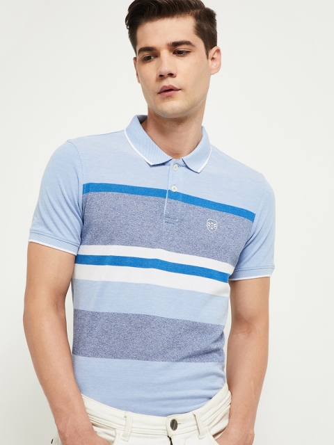 

max Men Blue & Grey Striped Polo Collar T-shirt