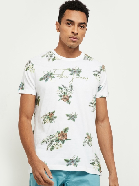 

max Men White and Green Tropical Printed Pure Cotton T-shirt