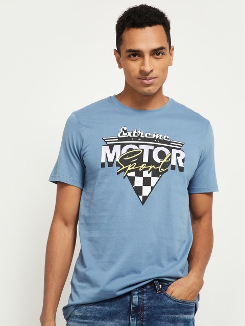 

max Men Blue Typography Printed Applique T-shirt