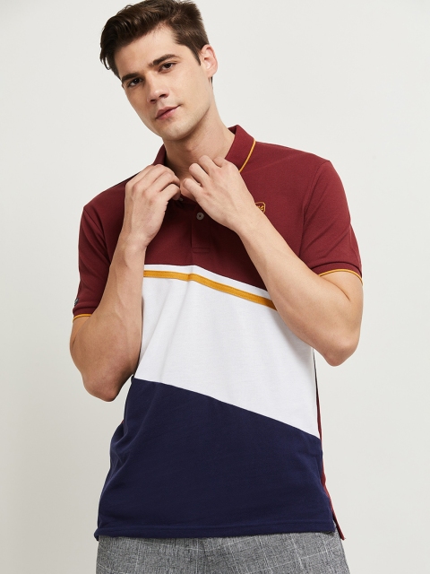 

max Men Maroon & White Colourblocked Polo Collar T-shirt
