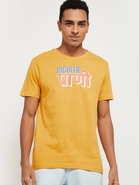 max Men Yellow Typography Printed Pure Cotton T-shirt