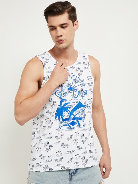

max Men White and Blue Tropical Printed Sleeveless Pure Cotton T-shirt