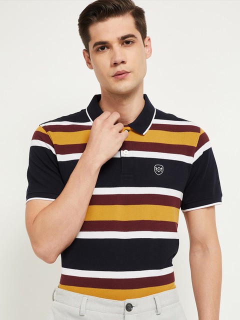 

max Men Yellow & Black Striped Polo Collar T-shirt