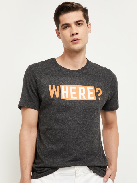 

max Men Charcoal & Orange Printed T-shirt