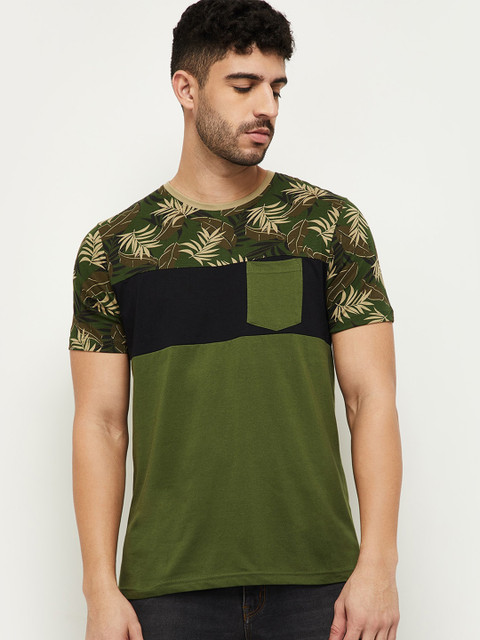 

max Men Olive Green Black Tropical Printed Pure Cotton T-shirt