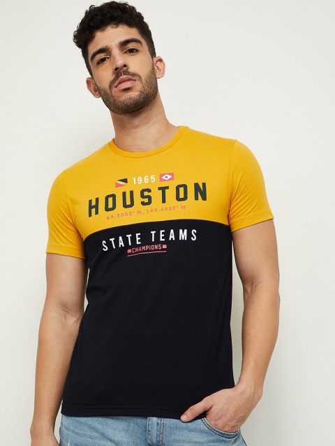 

max Men Mustard Yellow & Black Typography Printed T-shirt