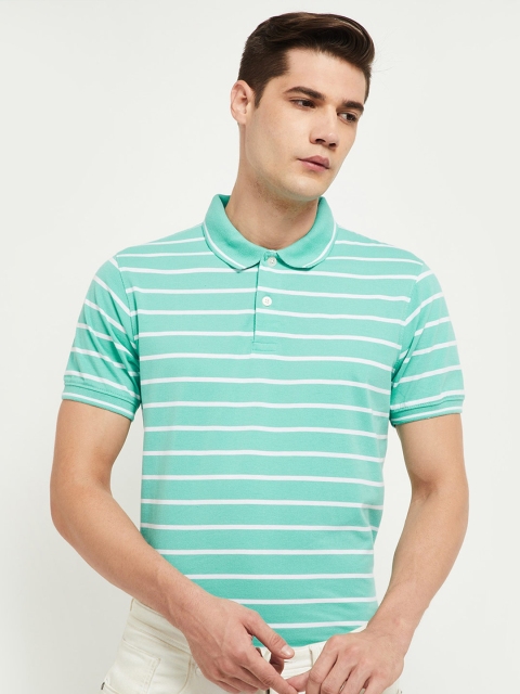 

max Men Sea Green & White Striped Polo Collar T-shirt