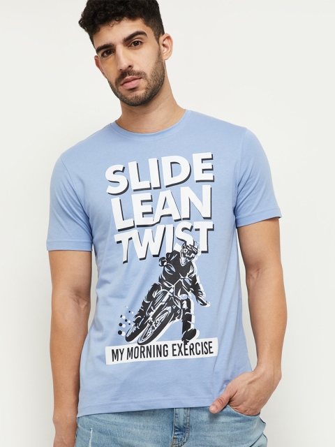 

max Men Blue & White Typography Printed T-shirt