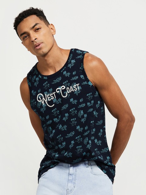 

max Men Navy Blue Green Printed Pure Cotton T-shirt