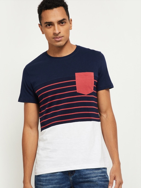 

max Men Navy Blue White Colourblocked Pure Cotton T-shirt