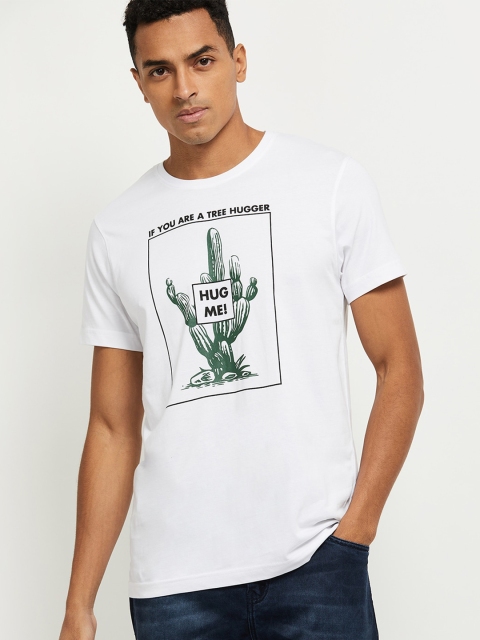 

max Men White & Green Printed T-shirt