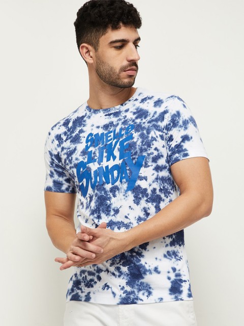 

max Men White and Blue Dyed Typography Printed Pure Cotton T-shirt