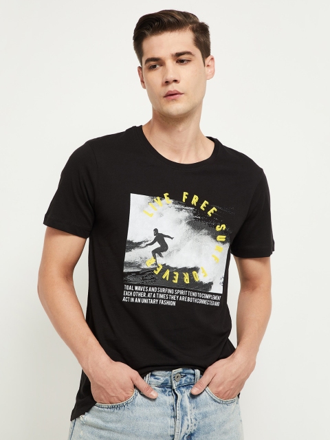 

max Men Black and White Graphic Printed Pure Cotton T-shirt