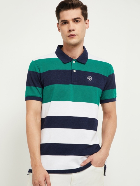 

max Men Green Striped Polo Collar T-shirt