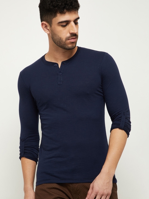 

max Men Navy Blue Henley Neck Roll-Up Sleeves Slim Fit T-shirt