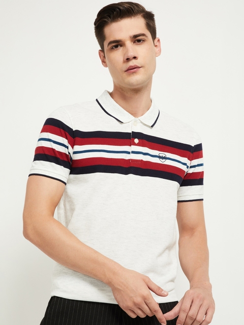 

max Men Off White & Maroon Striped Polo Collar T-shirt