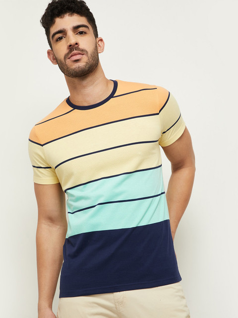 

max Men Navy Blue & Black Striped T-shirt
