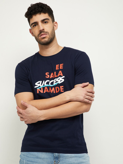 

max Men Navy Blue Red Typography Printed Pure Cotton T-shirt