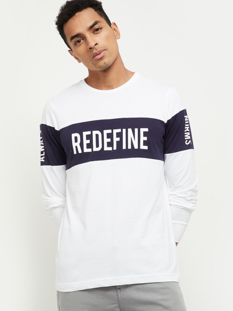 max Men White Typography Colourblocked Applique T-shirt