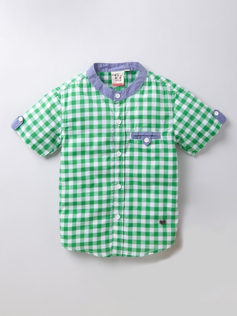 

Ed-a-Mamma Boys Cotton Green Checked Contrast Collar Casual Shirt